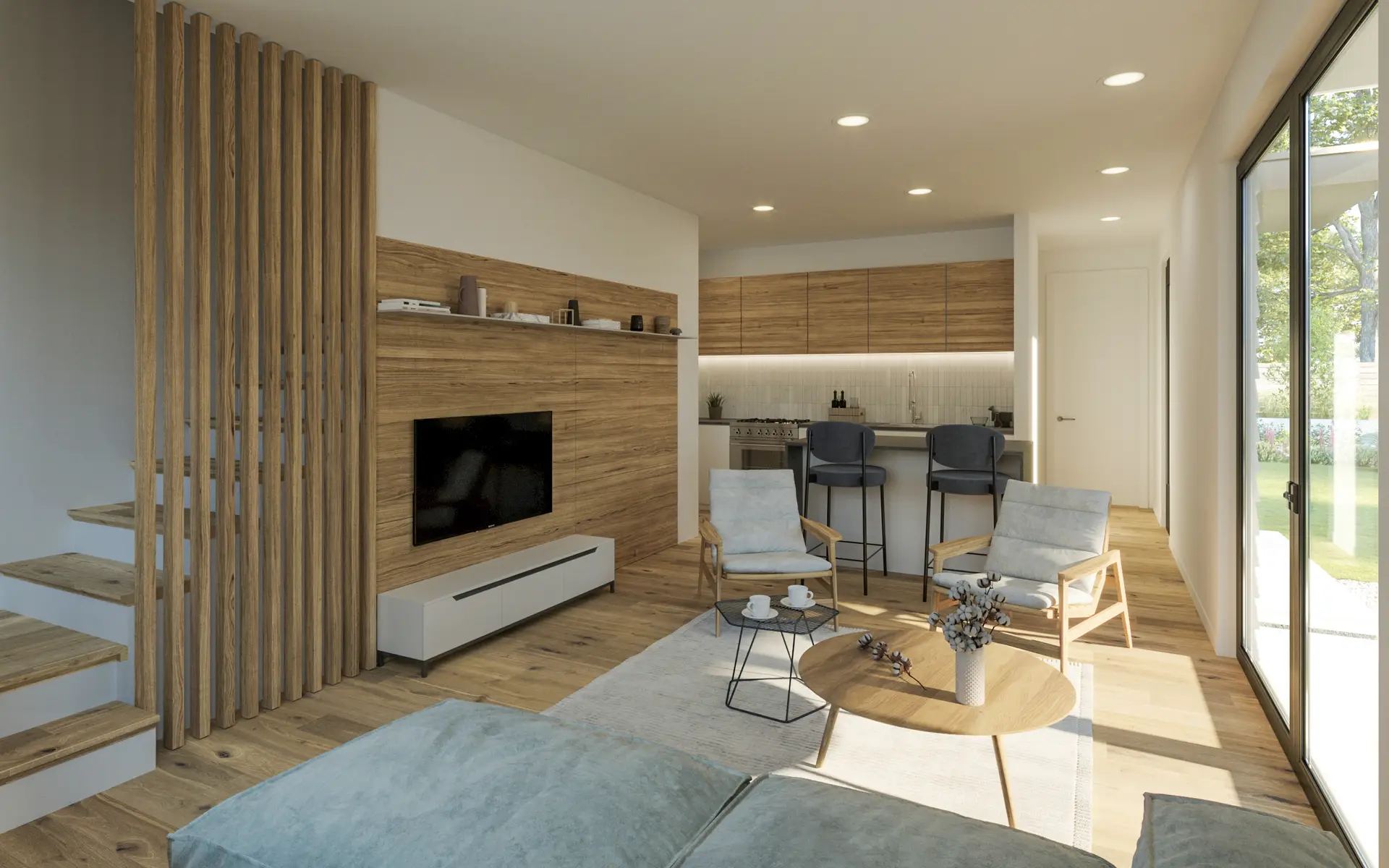 Prefab Accessory dwelling unit interior with light wood